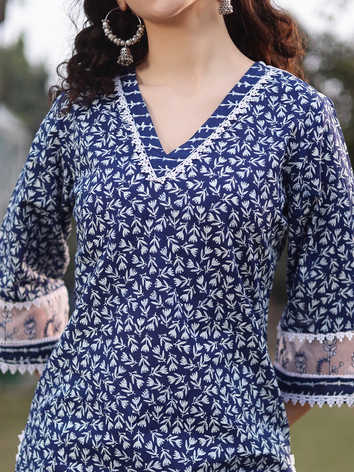 Blue Cotton Ethnic Motifs Lace Work Straight Kurta Trouser Set