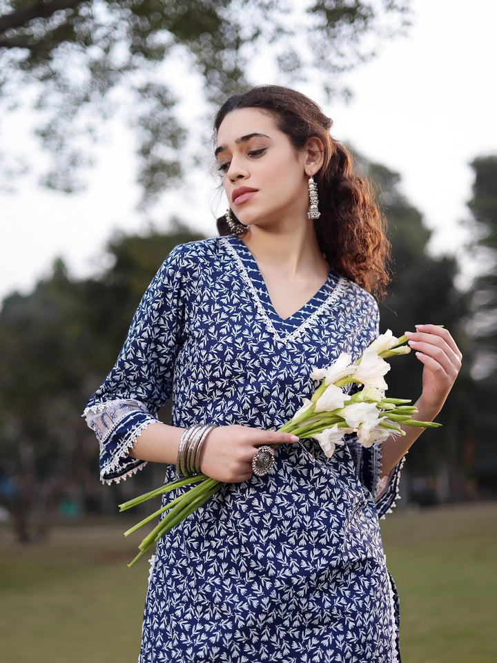 Blue Cotton Ethnic Motifs Lace Work Straight Kurta Trouser Set