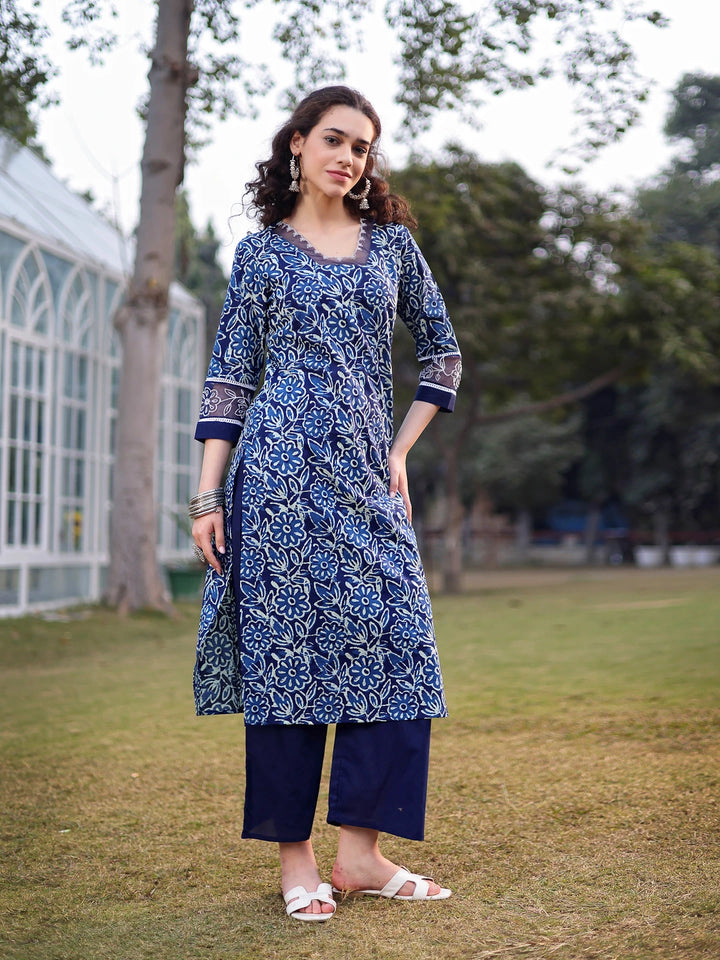 Blue Cotton Lace Work Square Neck Straight Kurta Palazzo Set