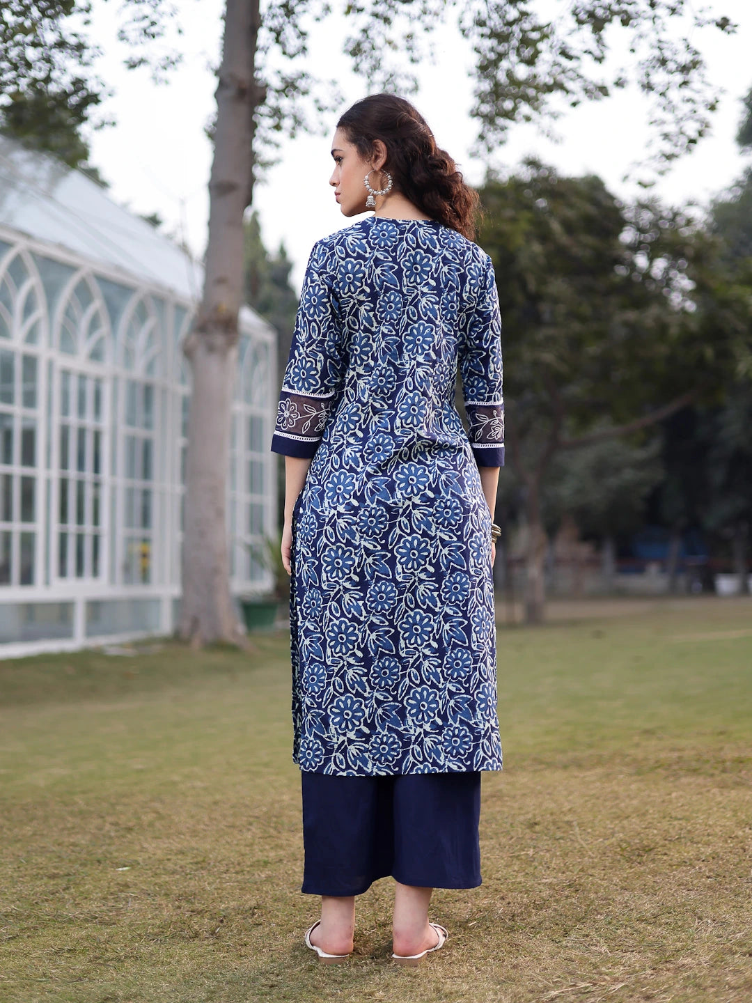 Blue Cotton Lace Work Square Neck Straight Kurta Palazzo Set