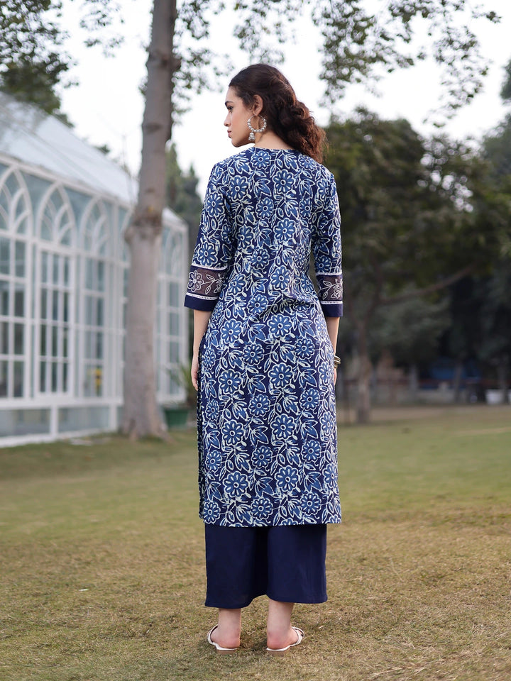 Blue Cotton Lace Work Square Neck Straight Kurta Palazzo Set