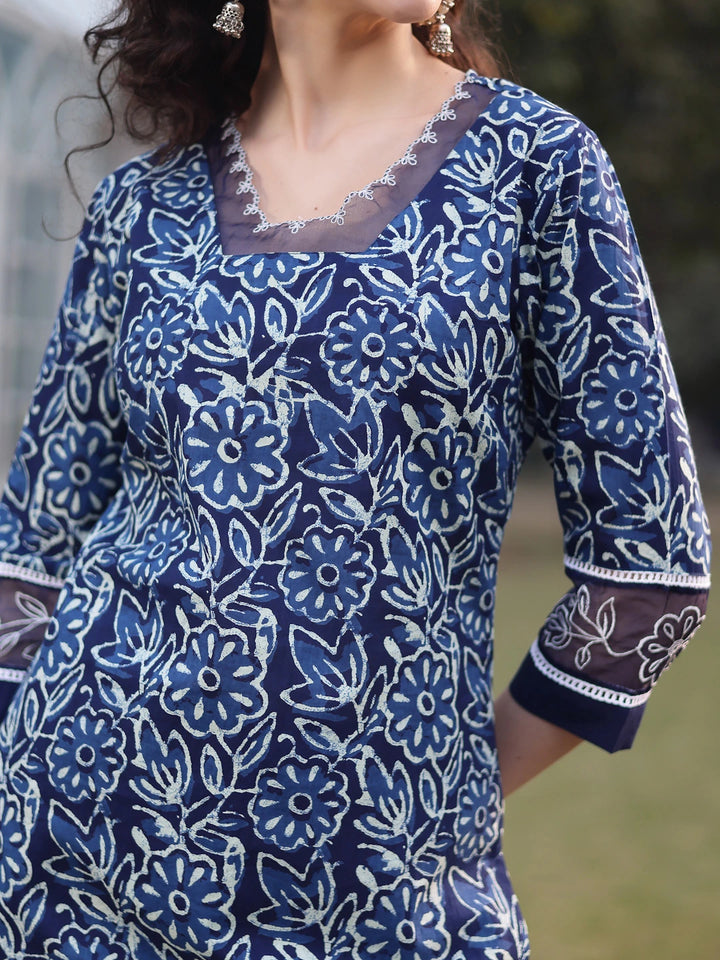 Blue Cotton Lace Work Square Neck Straight Kurta Palazzo Set