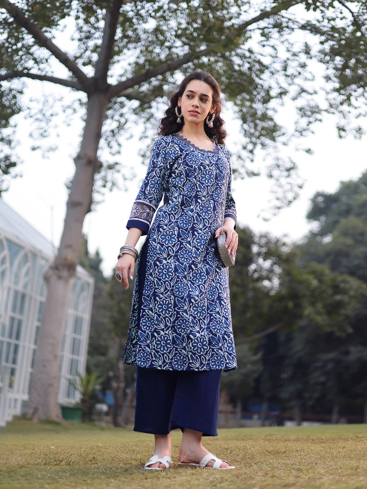 Blue Cotton Lace Work Square Neck Straight Kurta Palazzo Set