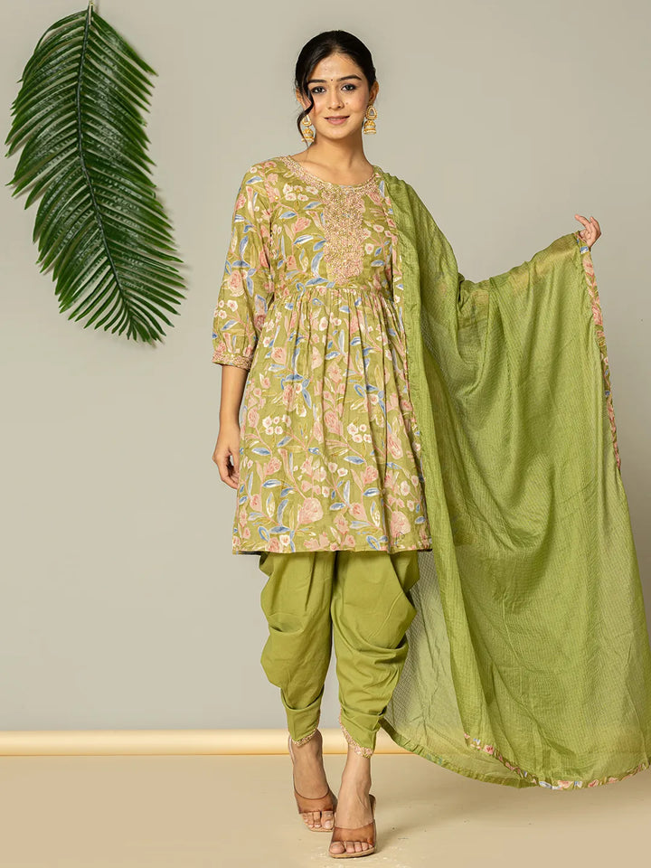 Green Peplum Dhoti Dupatta Set