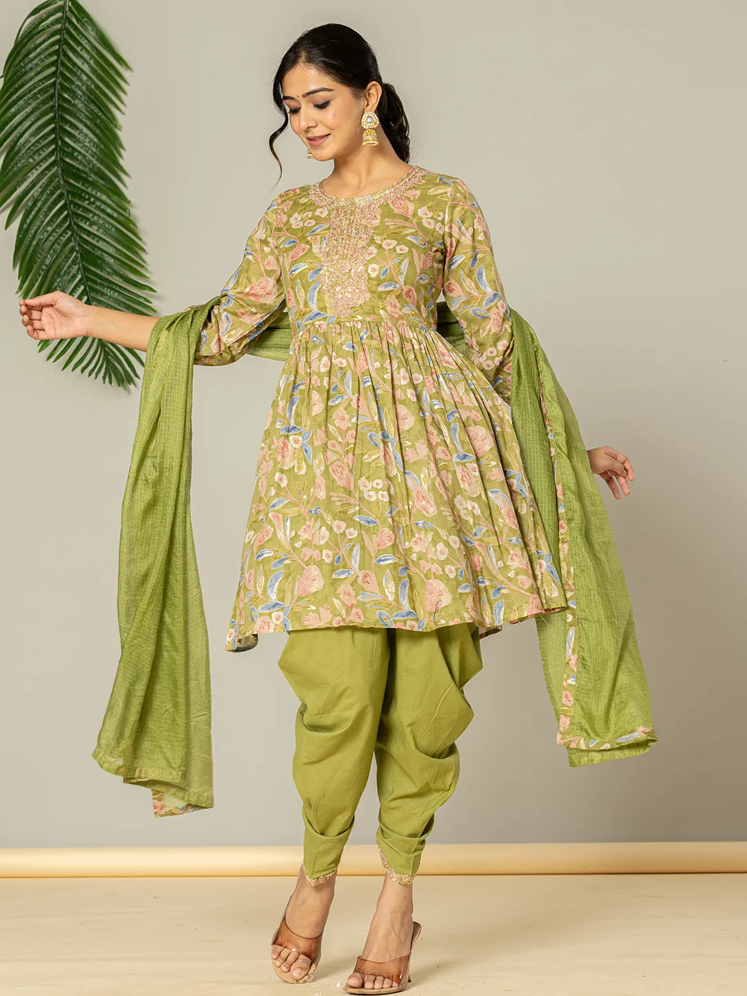 Green Peplum Dhoti Dupatta Set