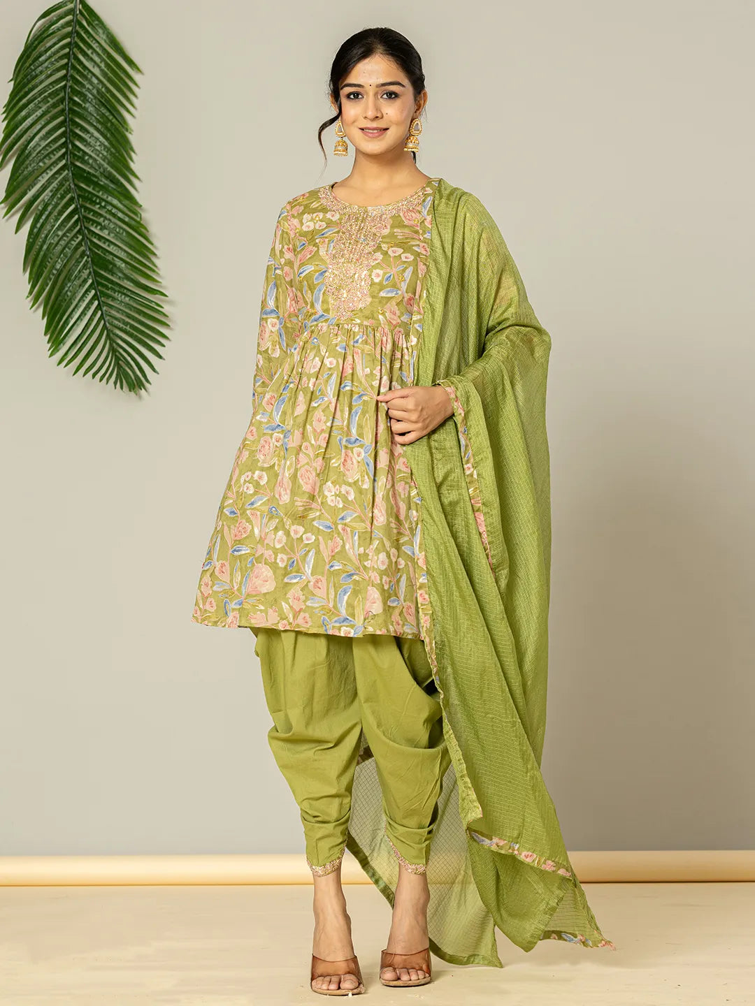 Green Peplum Dhoti Dupatta Set