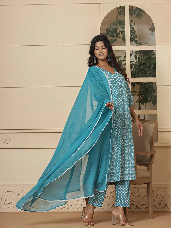 Blue Ethnic Motifs Cotton Anarkali Aliya Cut Kurta Dupatta Set-Yufta Store-6842SKDBLS