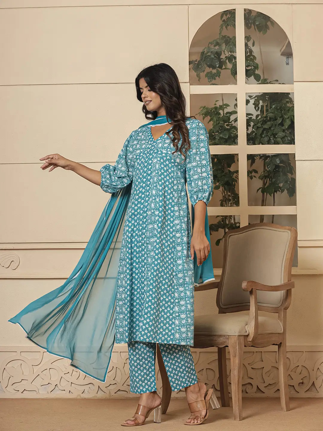 Blue Ethnic Motifs Cotton Anarkali Aliya Cut Kurta Dupatta Set-Yufta Store-6842SKDBLS