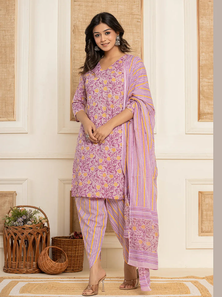 Lavander Floral Print Cotton Straight Style Kurta And Dhoti Pants With Dupatta Set