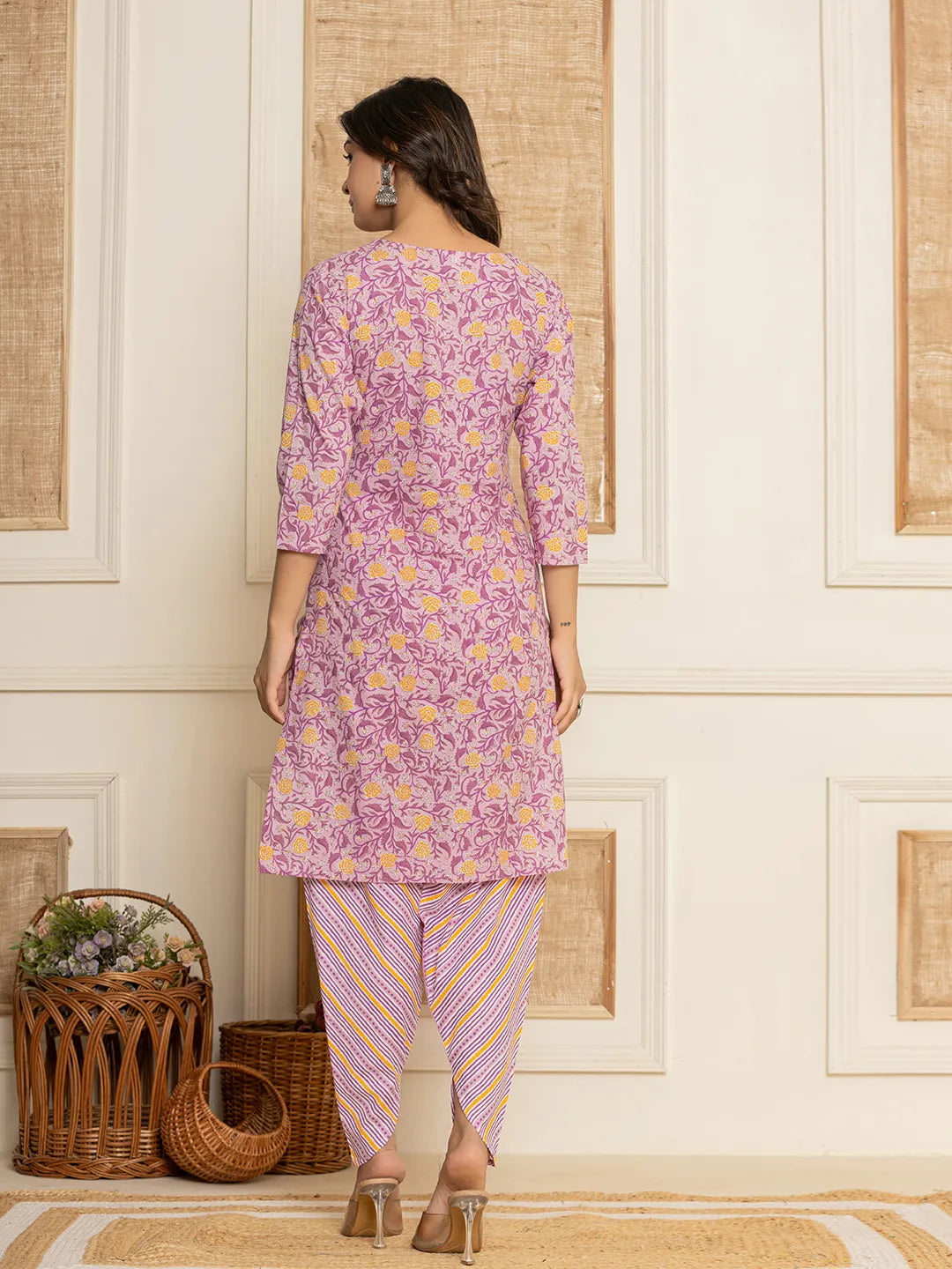 Lavander Floral Print Cotton Straight Style Kurta And Dhoti Pants With Dupatta Set