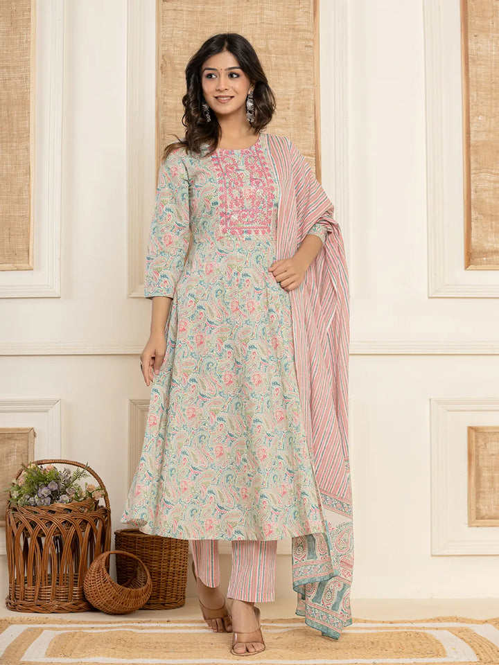 Pink Thread_Work Cotton Anarkali Kurta And Trousers With Dupatta Set-Yufta Store-6847SKDPKS