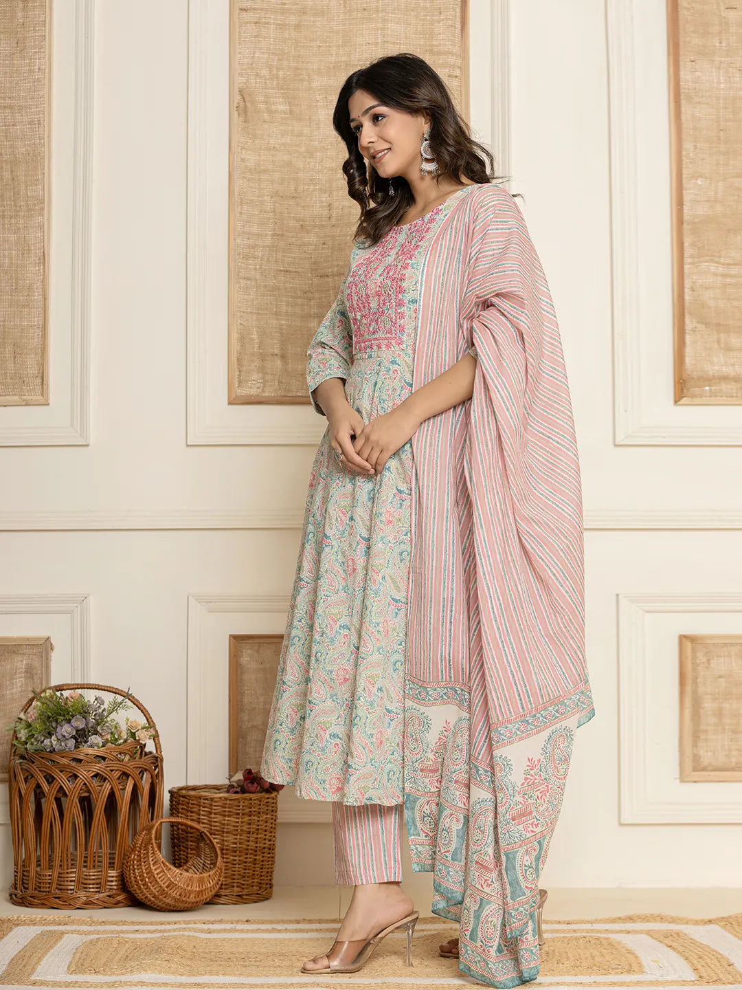 Pink Thread_Work Cotton Anarkali Kurta And Trousers With Dupatta Set-Yufta Store-6847SKDPKS