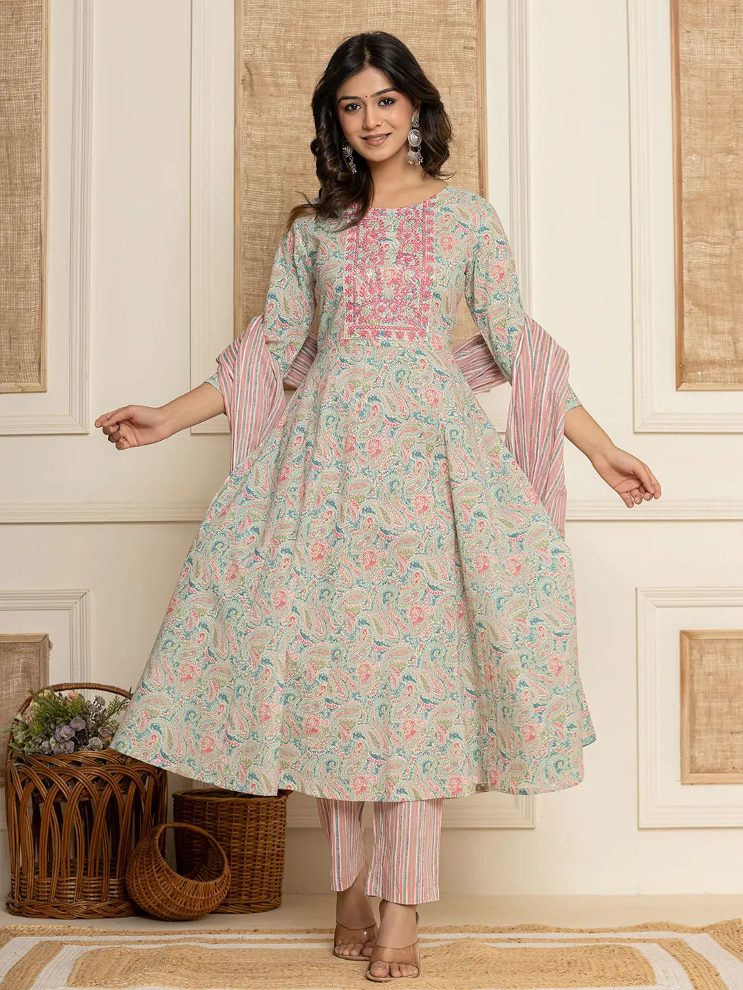 Pink Thread_Work Cotton Anarkali Kurta And Trousers With Dupatta Set-Yufta Store-6847SKDPKS