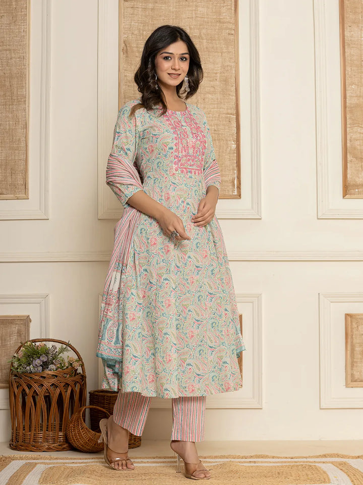 Pink Thread_Work Cotton Anarkali Kurta And Trousers With Dupatta Set-Yufta Store-6847SKDPKS