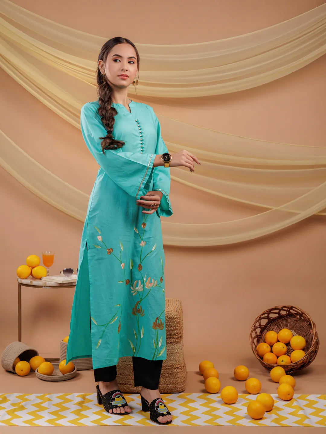 Sea Green Hand Floral Print Cotton Straight Kurta-Yufta Store-6856KURSGS