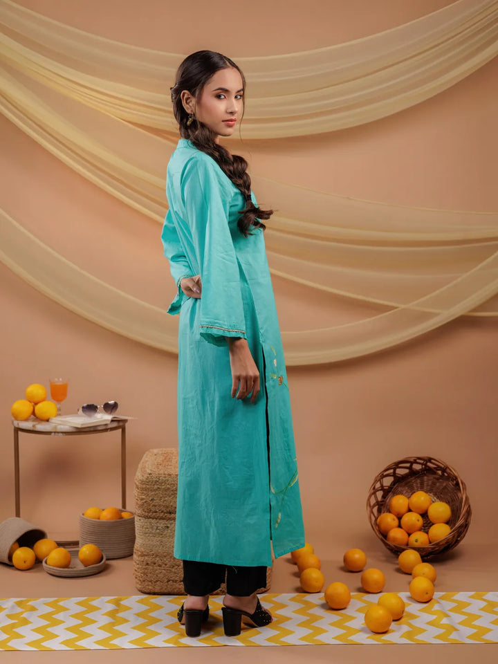 Sea Green Hand Floral Print Cotton Straight Kurta-Yufta Store-6856KURSGS