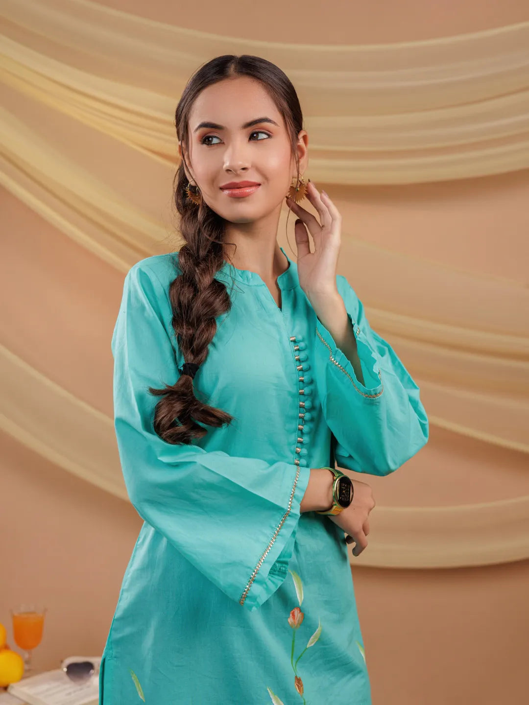 Sea Green Hand Floral Print Cotton Straight Kurta-Yufta Store-6856KURSGS