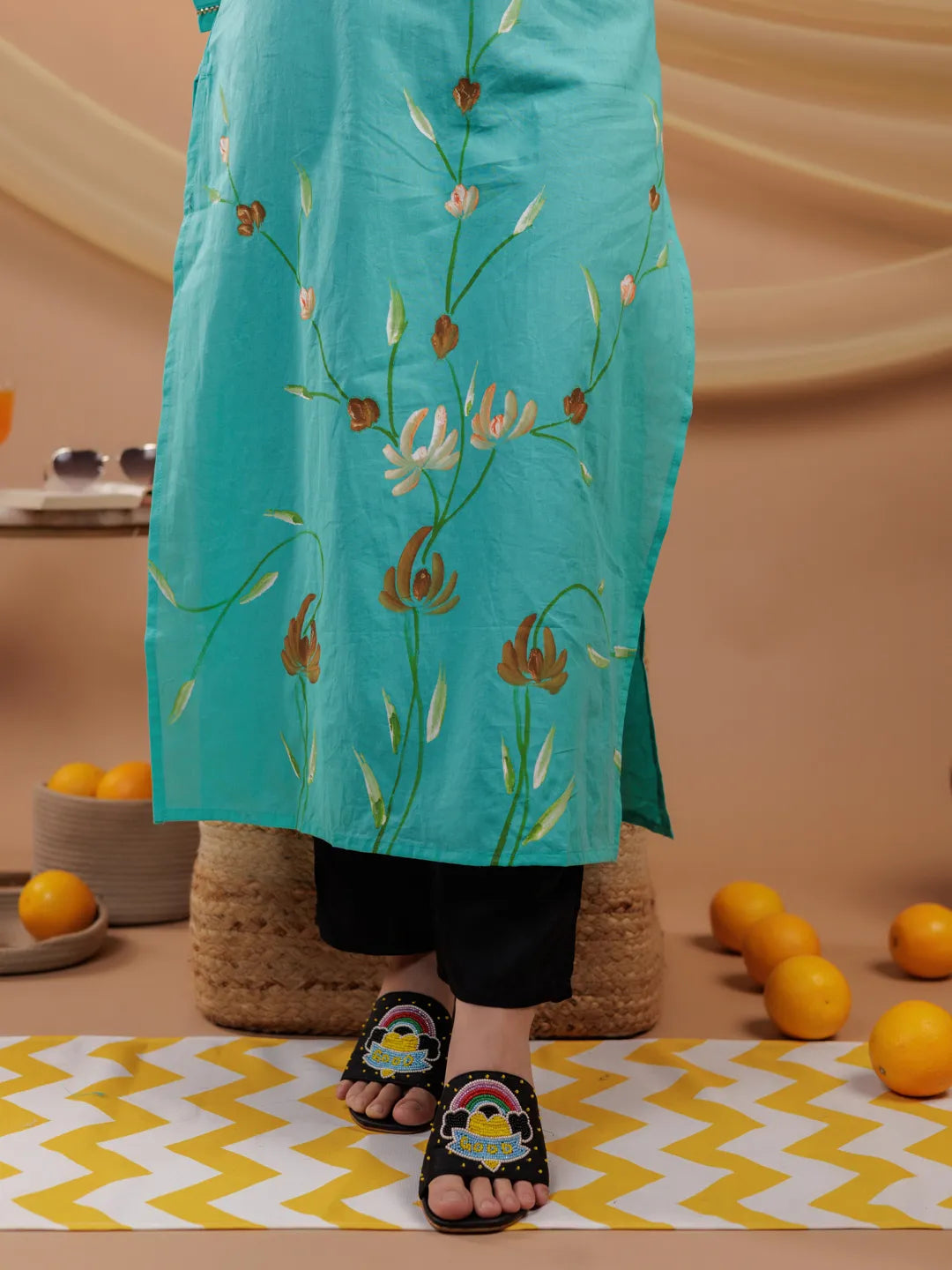 Sea Green Hand Floral Print Cotton Straight Kurta-Yufta Store-6856KURSGS