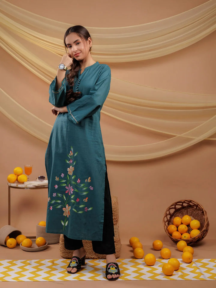 Teal Blue Hand Floral Print Cotton Straight Kurta-Yufta Store-6856KURTBS