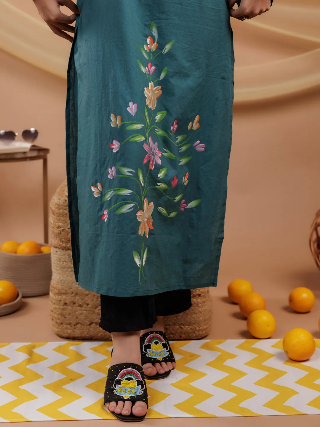 Teal Blue Hand Floral Print Cotton Straight Kurta-Yufta Store-6856KURTBS