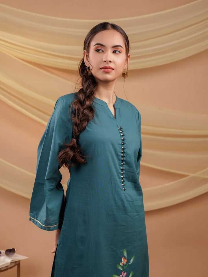 Teal Blue Hand Floral Print Cotton Straight Kurta-Yufta Store-6856KURTBS