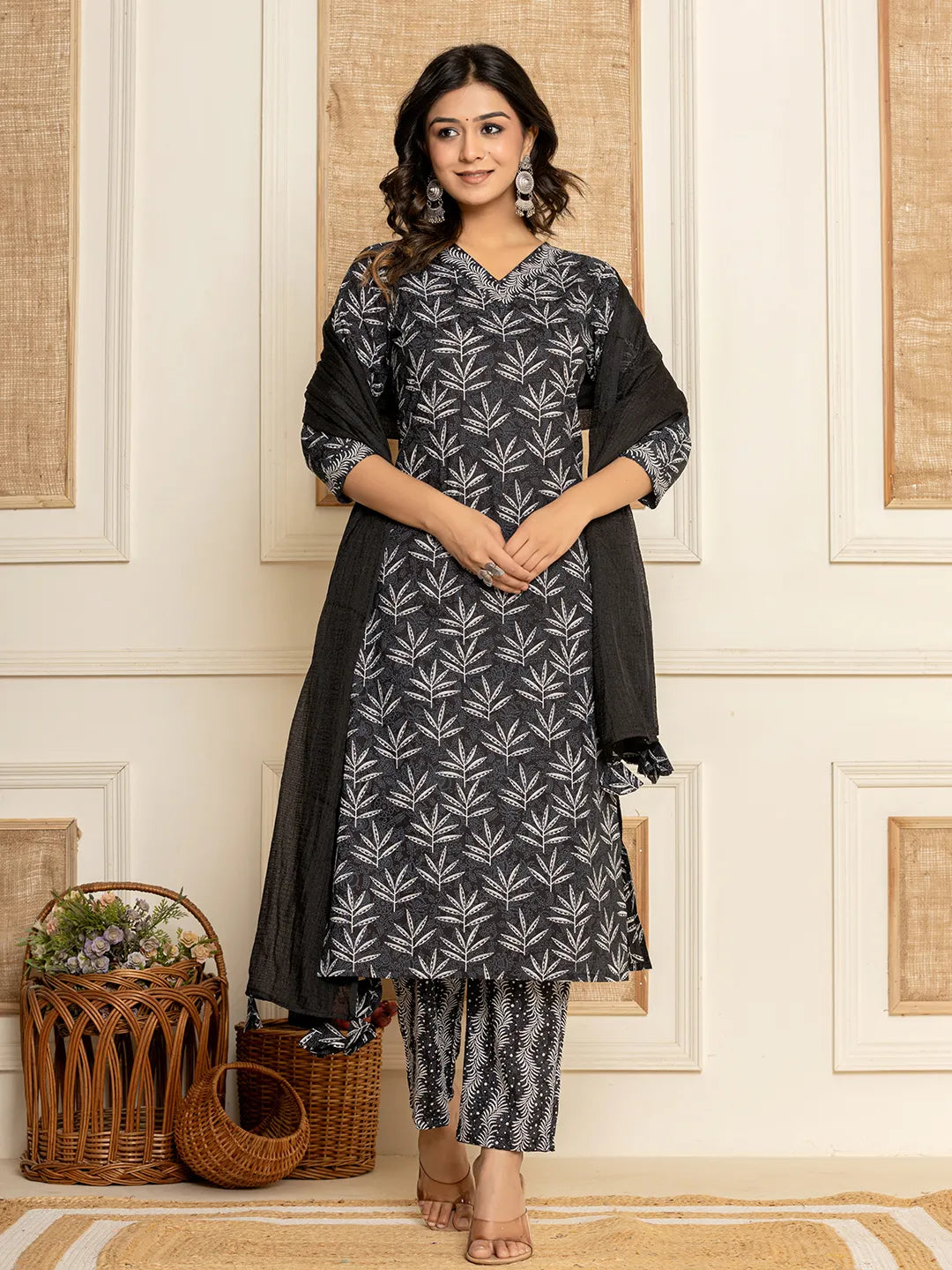 Black Floral Print Cotton Straight Kurta And Trousers With Dupatta Set