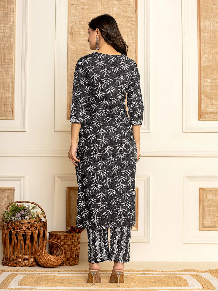 Black Floral Print Cotton Straight Kurta And Trousers With Dupatta Set