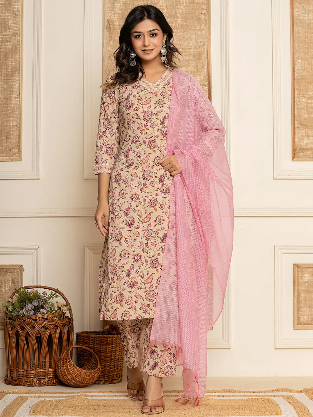 Beige Floral Print Cotton Straight Kurta And Trousers With Dupatta Set-Yufta Store-6859SKDBGS