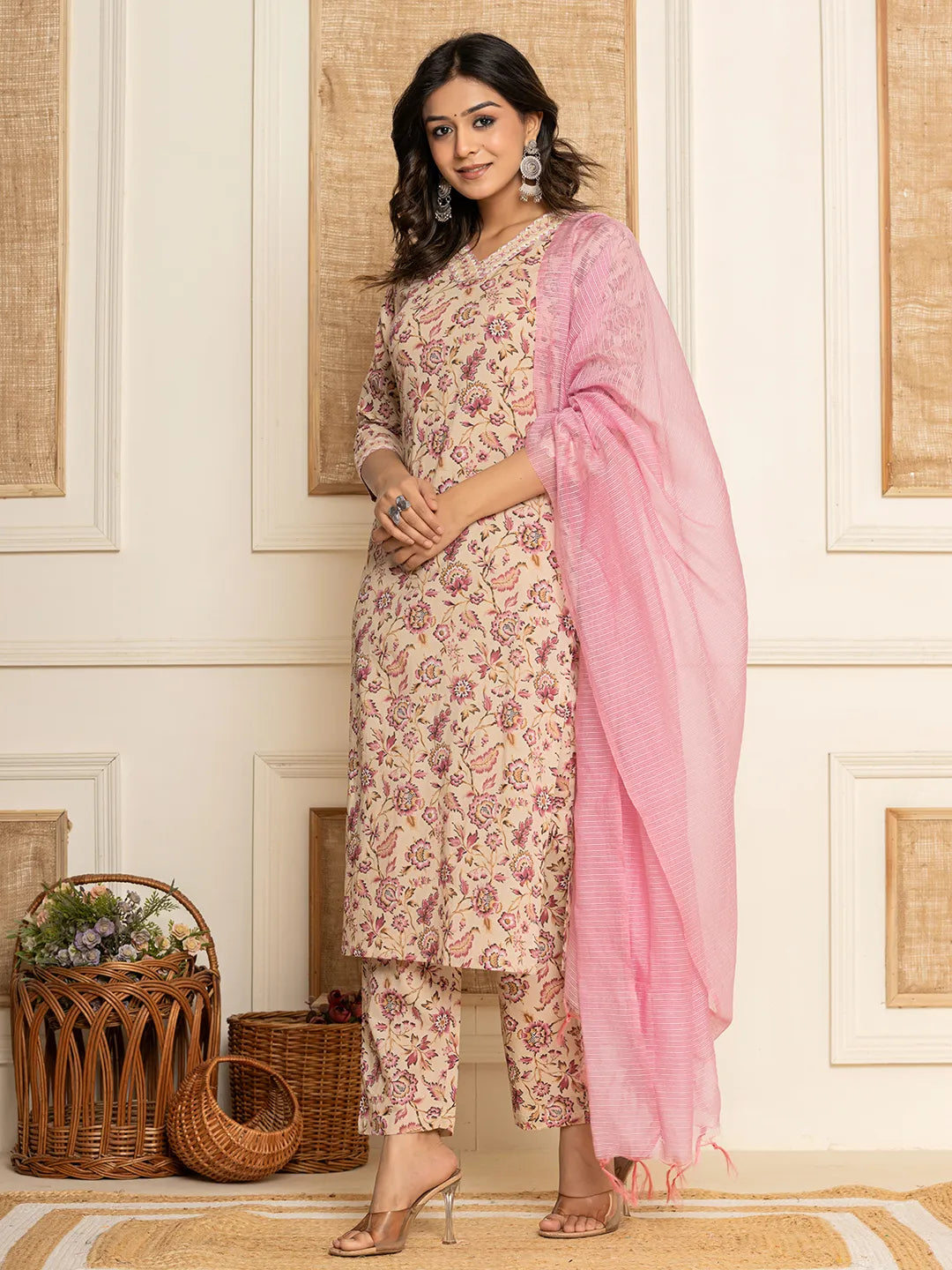 Beige Floral Print Cotton Straight Kurta And Trousers With Dupatta Set-Yufta Store-6859SKDBGS