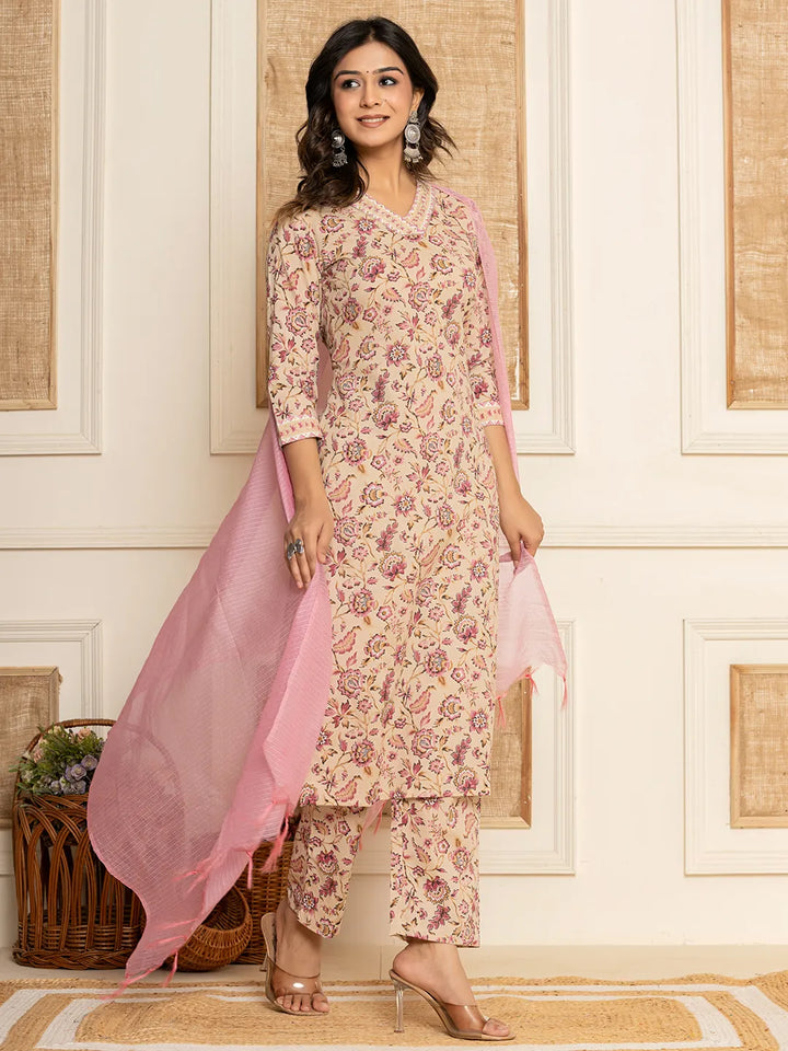 Beige Floral Print Cotton Straight Kurta And Trousers With Dupatta Set-Yufta Store-6859SKDBGS