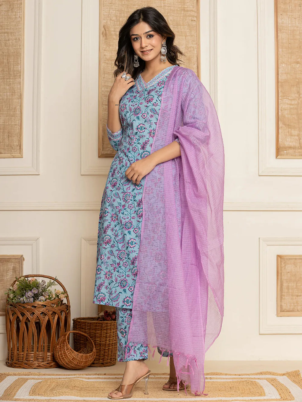 Blue Floral Print Cotton Straight Kurta And Trousers With Dupatta Set-Yufta Store-6859SKDBLS