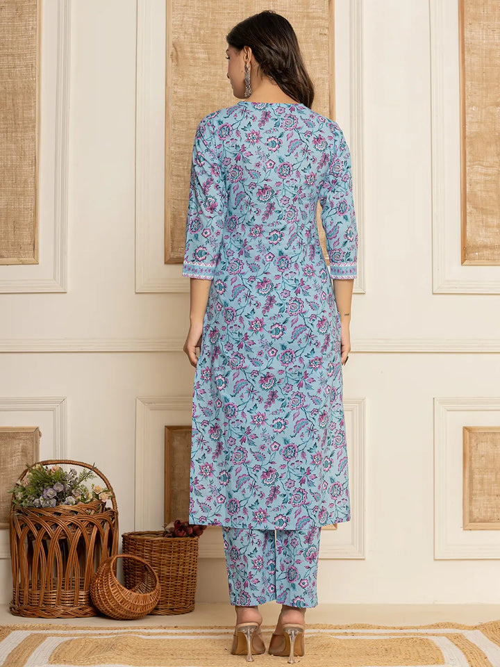 Blue Floral Print Cotton Straight Kurta And Trousers With Dupatta Set-Yufta Store-6859SKDBLS