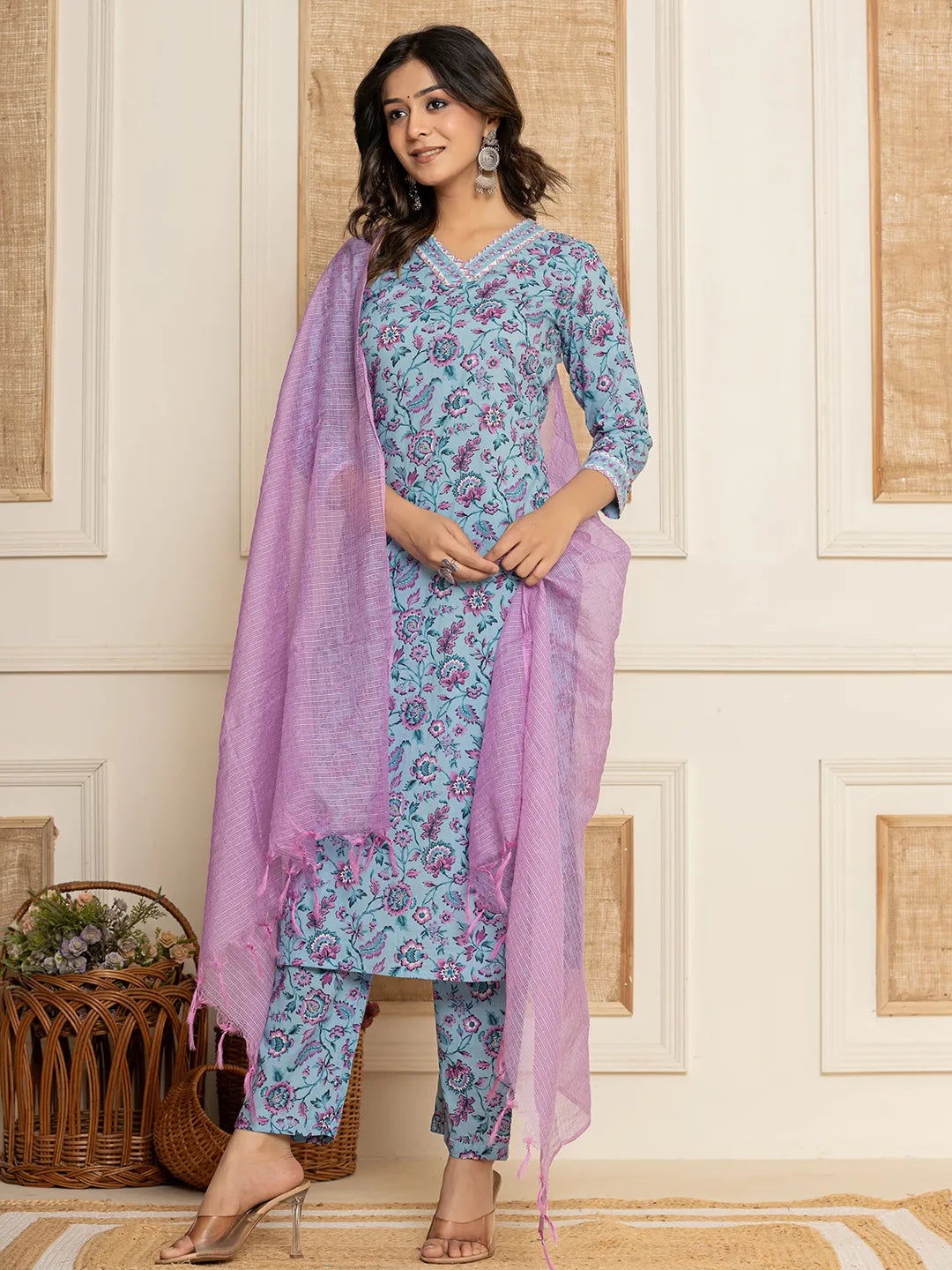 Blue Floral Print Cotton Straight Kurta And Trousers With Dupatta Set-Yufta Store-6859SKDBLS