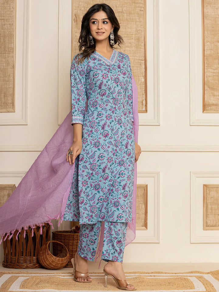 Blue Floral Print Cotton Straight Kurta And Trousers With Dupatta Set-Yufta Store-6859SKDBLS