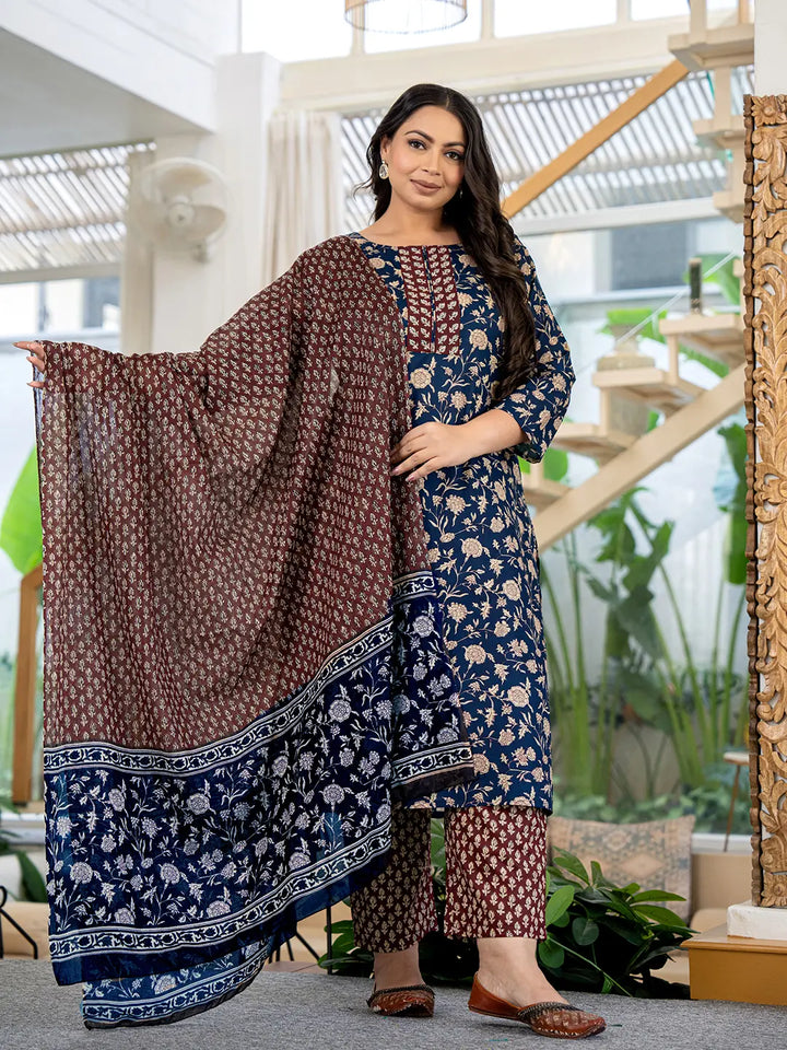 Piping On Yoke Floral Print Blue Cotton Plus Size Kurta Set With Dupatta Set