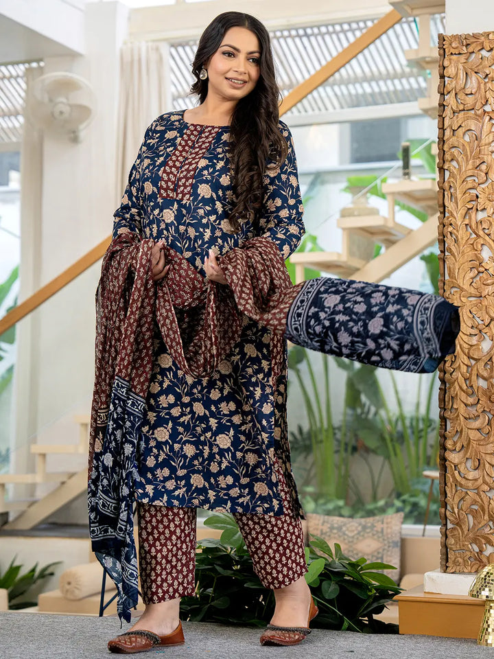 Piping On Yoke Floral Print Blue Cotton Plus Size Kurta Set With Dupatta Set