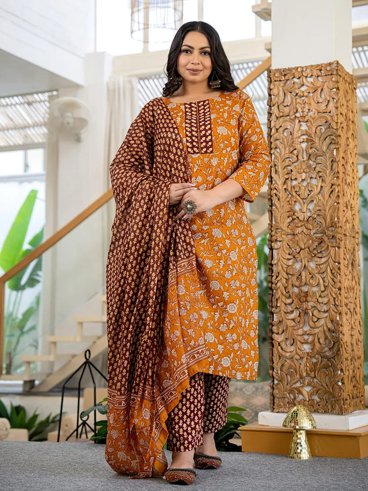 Piping On Yoke Floral Print Mustard Cotton Plus Size Kurta Set With Dupatta Set