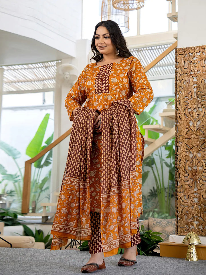 Piping On Yoke Floral Print Mustard Cotton Plus Size Kurta Set With Dupatta Set