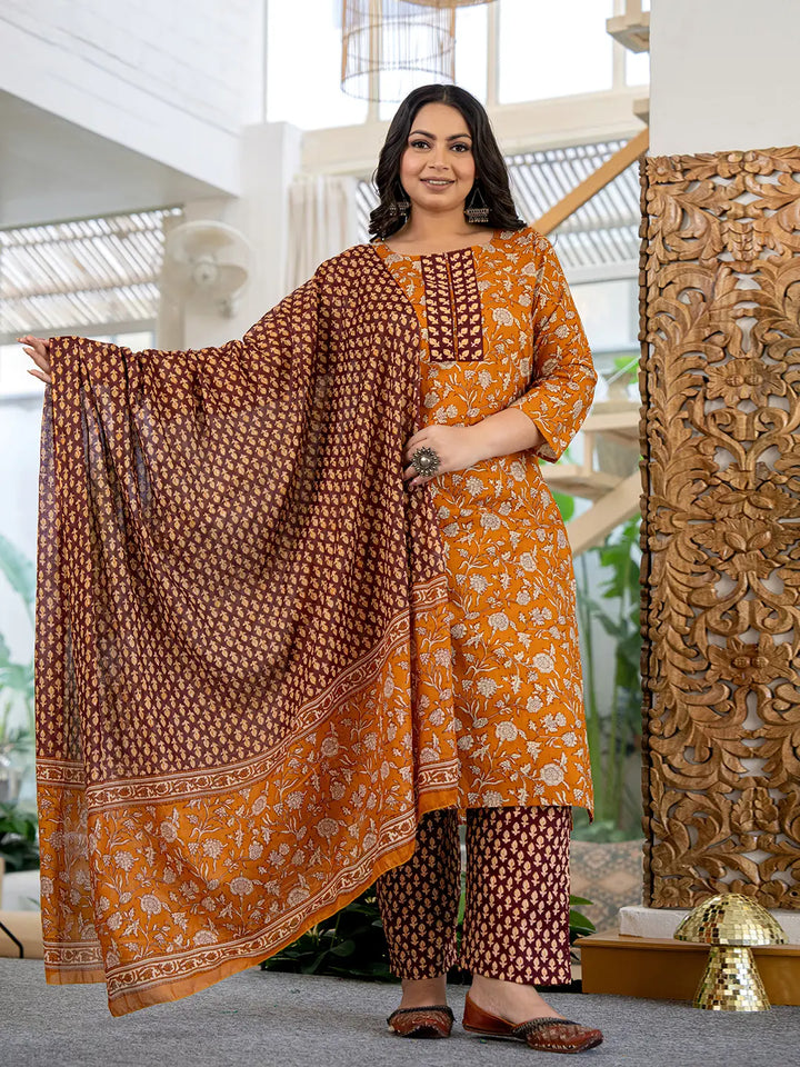 Piping On Yoke Floral Print Mustard Cotton Plus Size Kurta Set With Dupatta Set