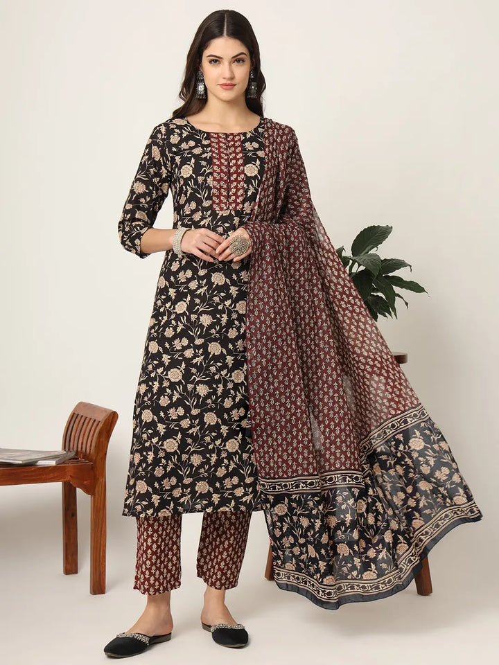 Piping On Yoke Floral Print Black Cotton Kurta Set With Dupatta Set