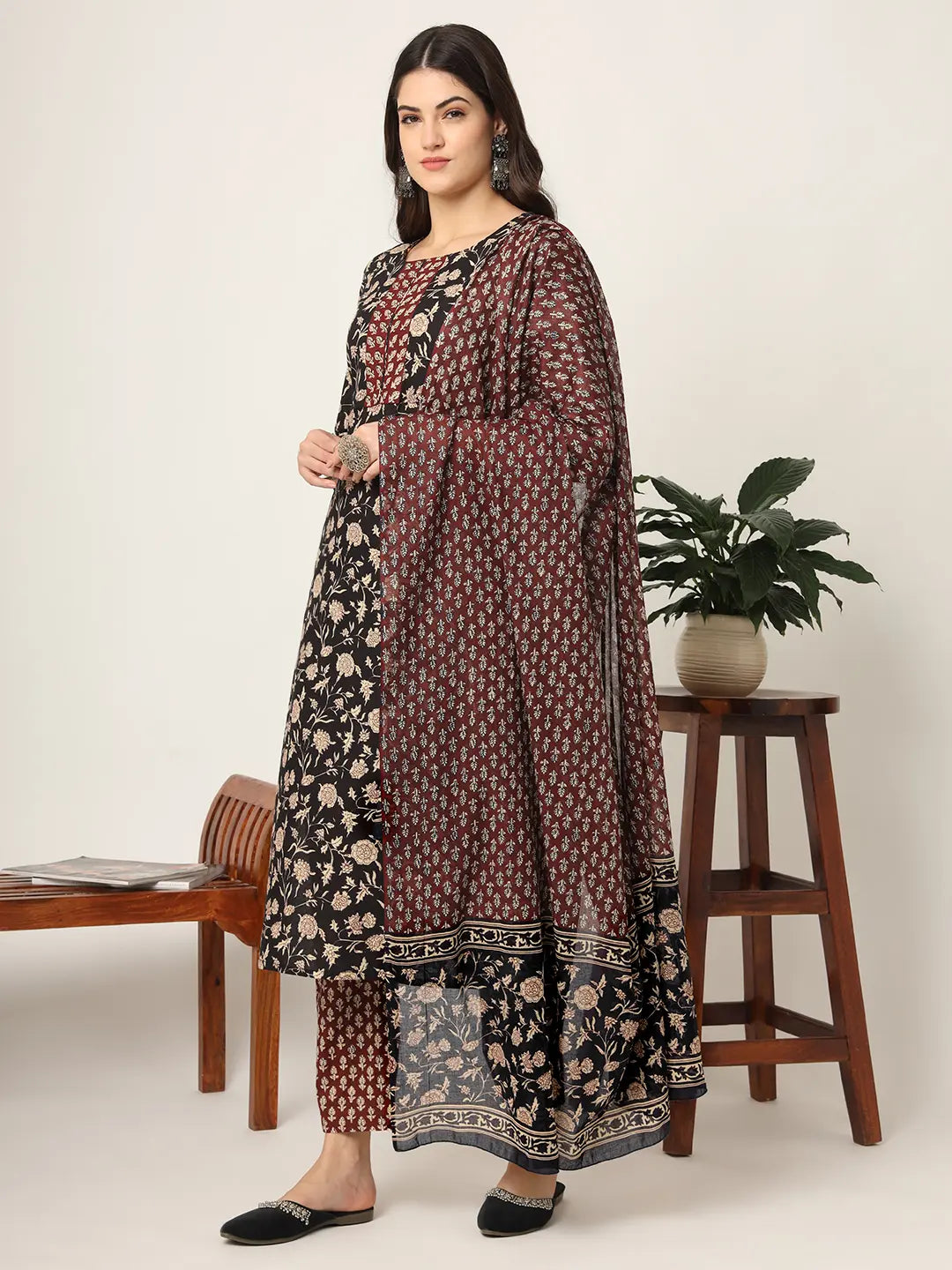 Piping On Yoke Floral Print Black Cotton Kurta Set With Dupatta Set