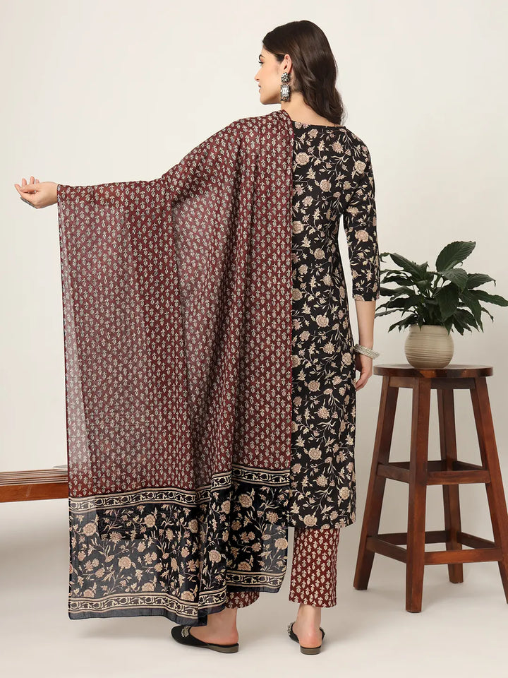 Piping On Yoke Floral Print Black Cotton Kurta Set With Dupatta Set