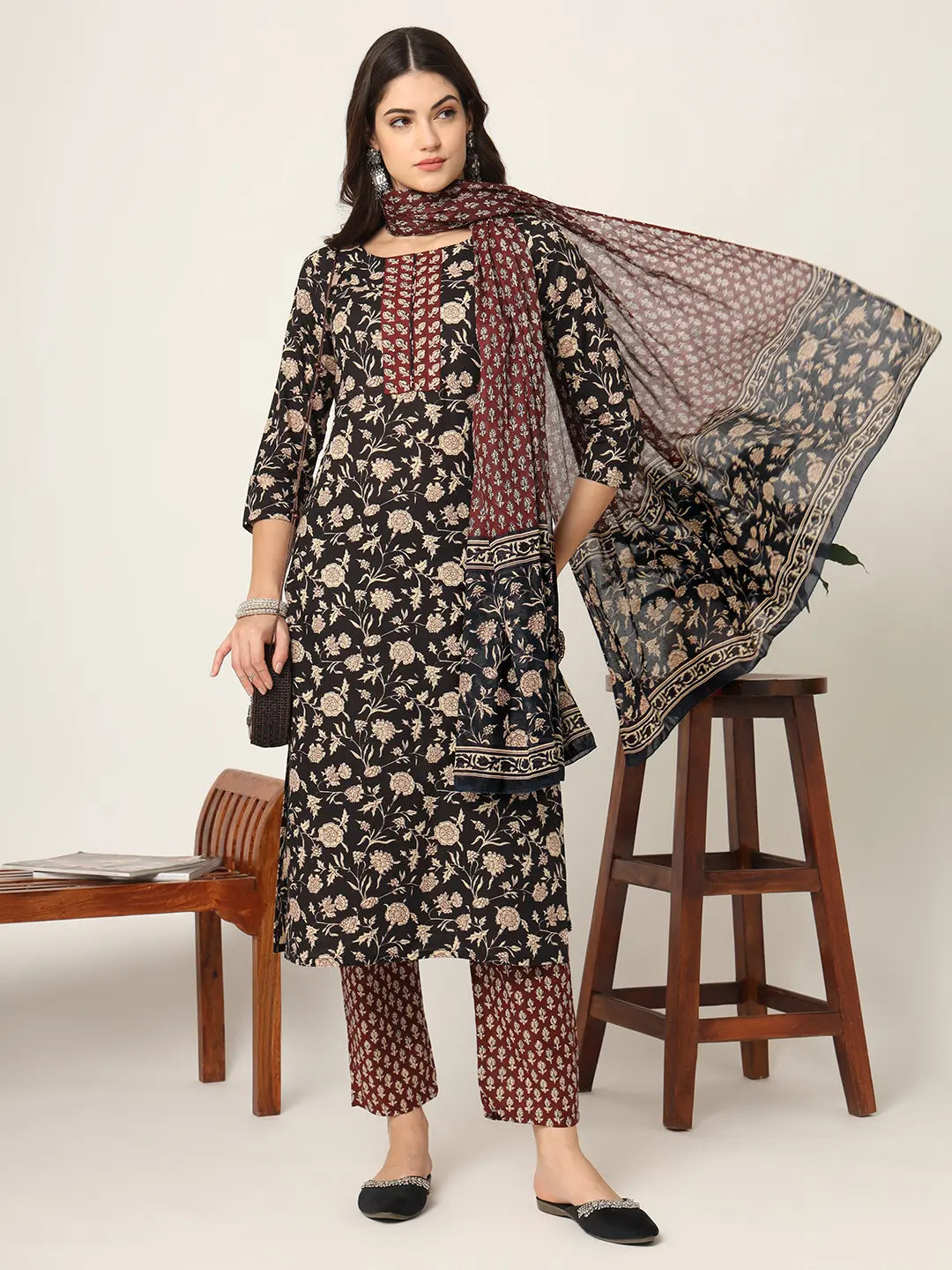 Piping On Yoke Floral Print Black Cotton Kurta Set With Dupatta Set