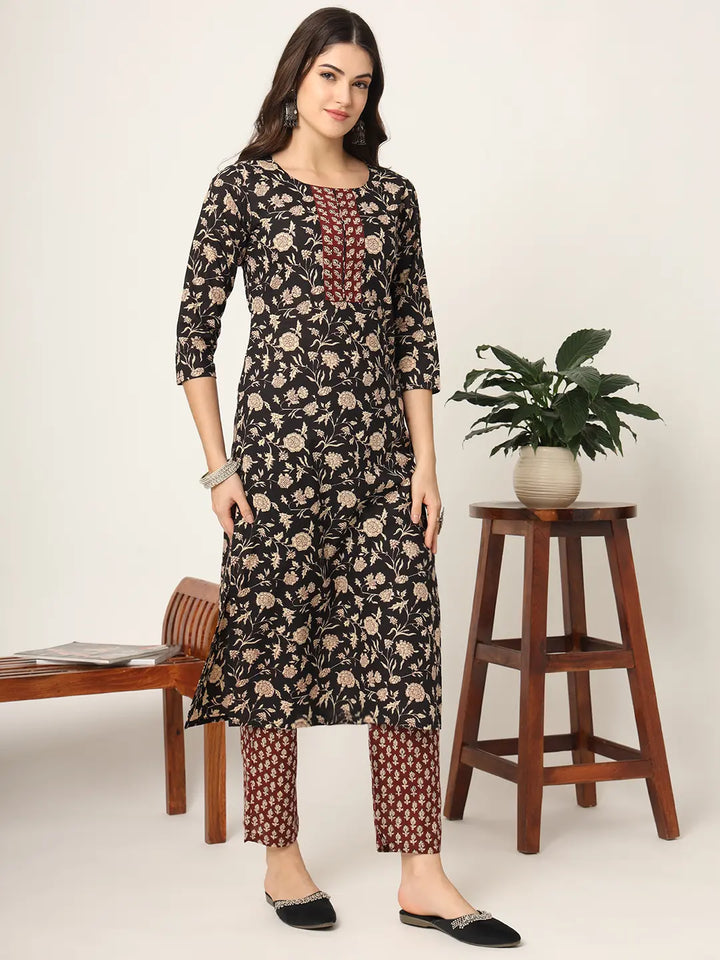 Piping On Yoke Floral Print Black Cotton Kurta Set With Dupatta Set