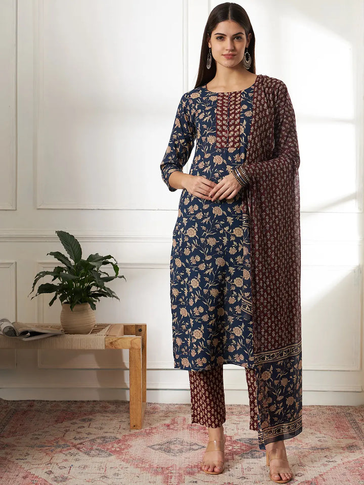 Piping On Yoke Floral Print Blue Cotton Kurta Set With Dupatta Set