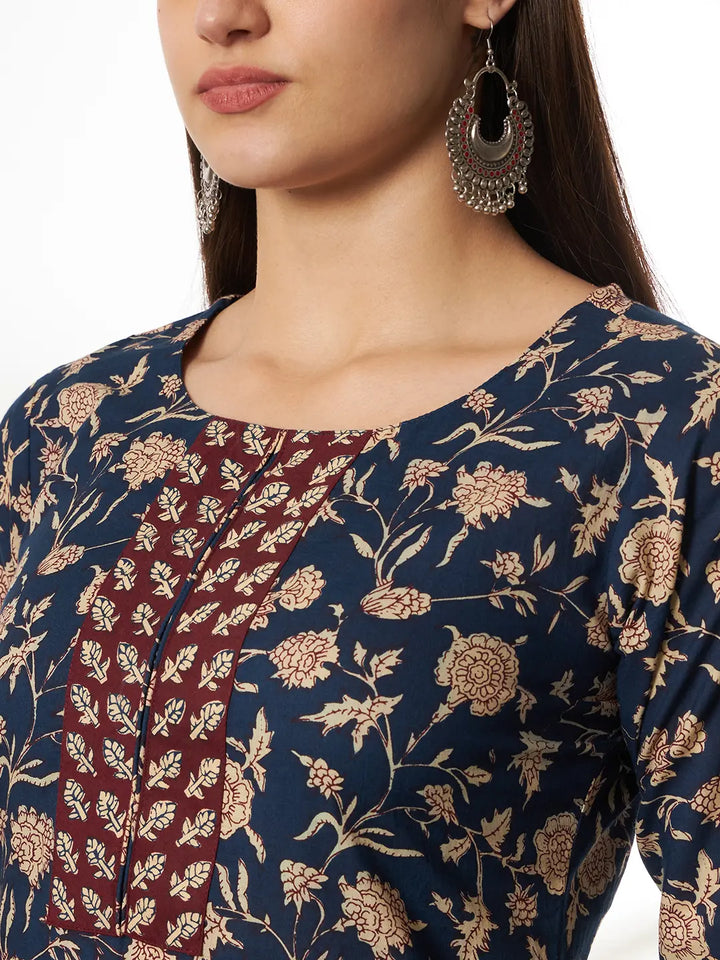 Piping On Yoke Floral Print Blue Cotton Kurta Set With Dupatta Set