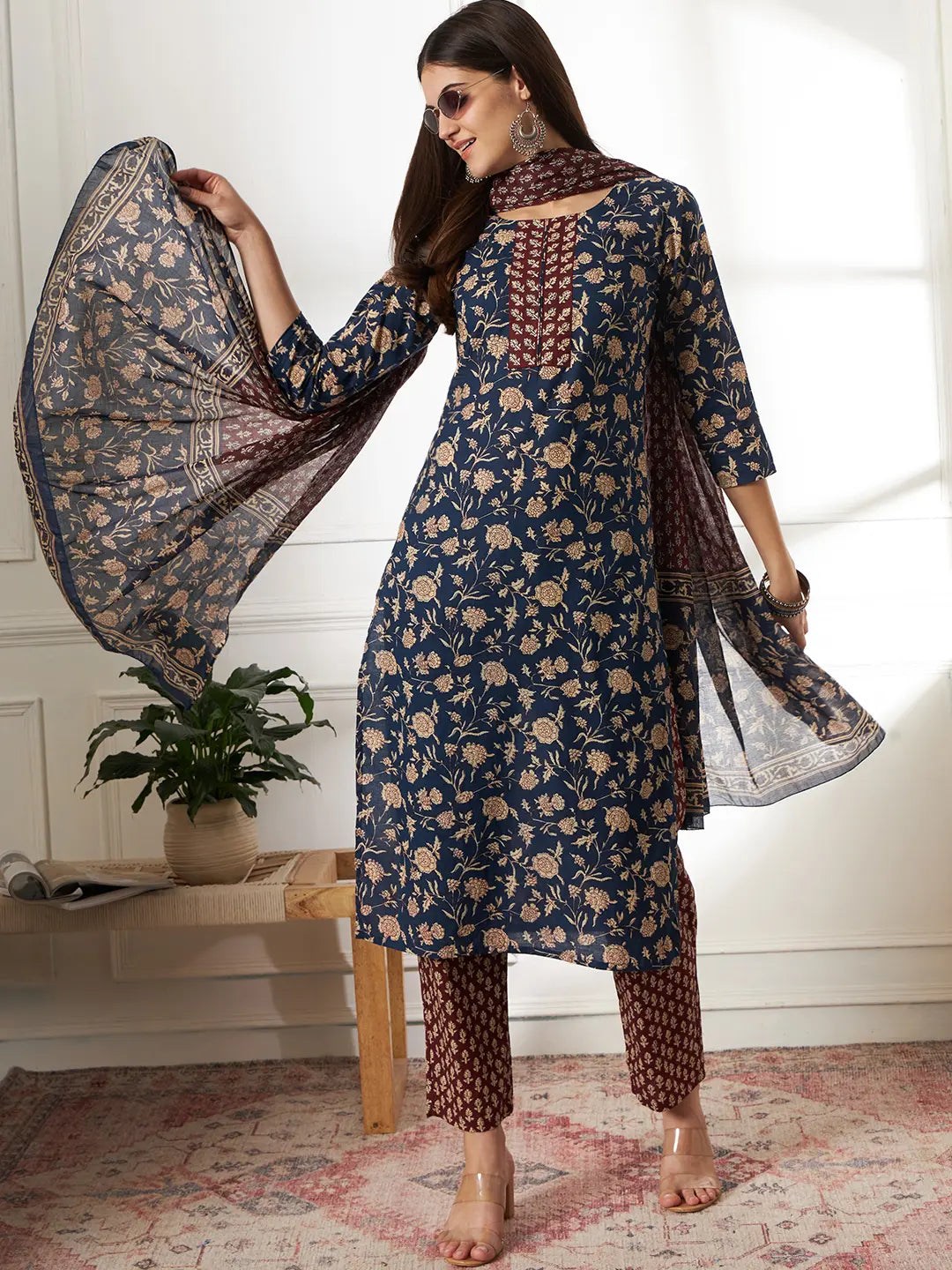 Piping On Yoke Floral Print Blue Cotton Kurta Set With Dupatta Set