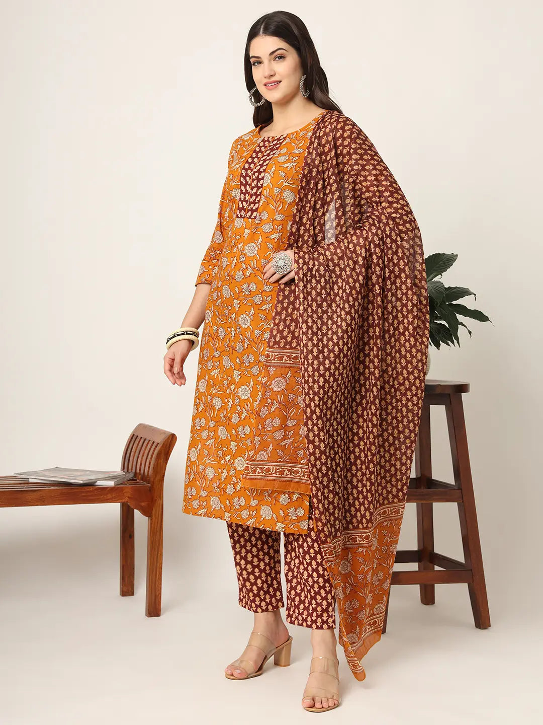 Piping On Yoke Floral Print Mustard Cotton Kurta Set With Dupatta Set