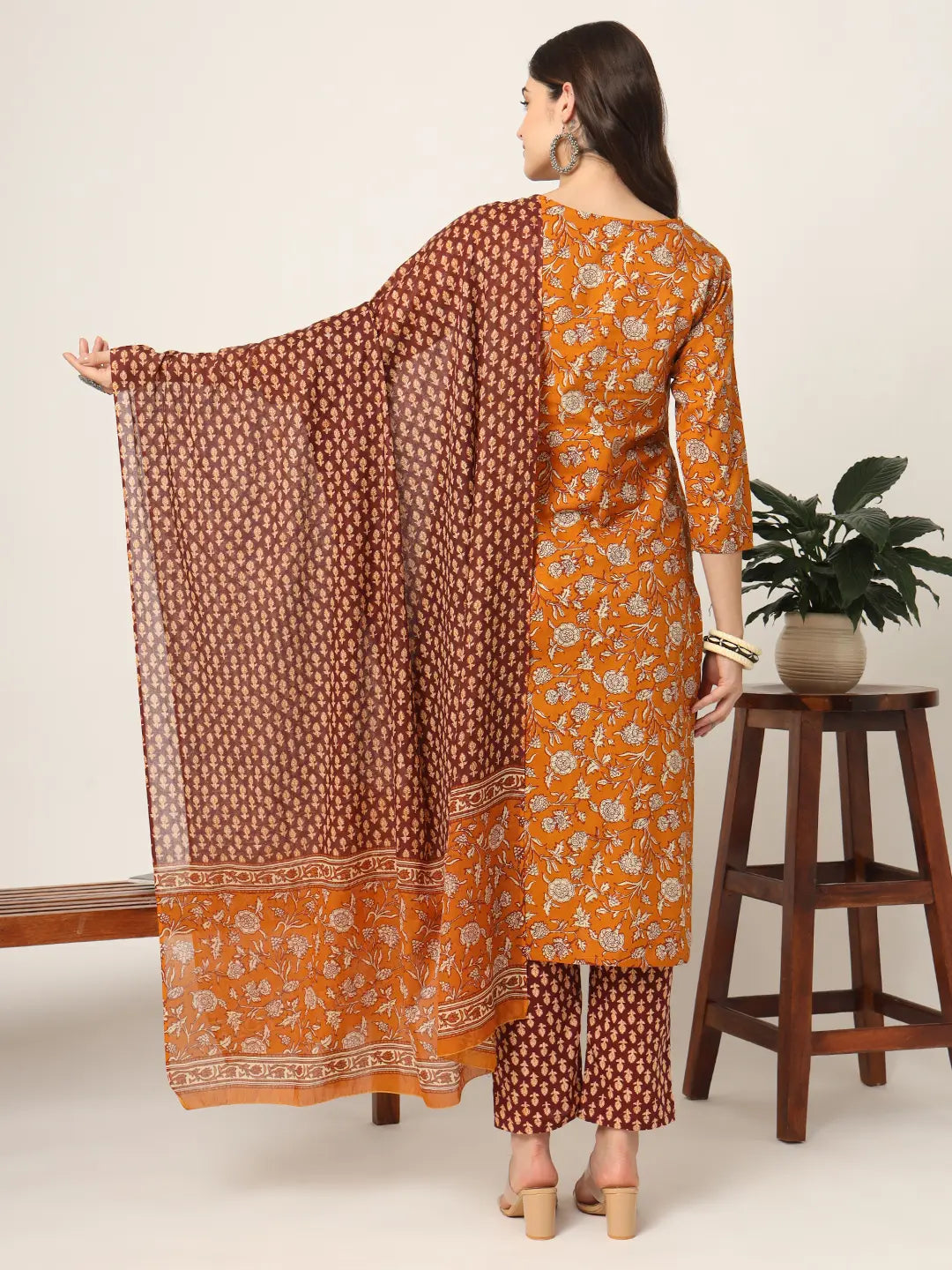 Piping On Yoke Floral Print Mustard Cotton Kurta Set With Dupatta Set