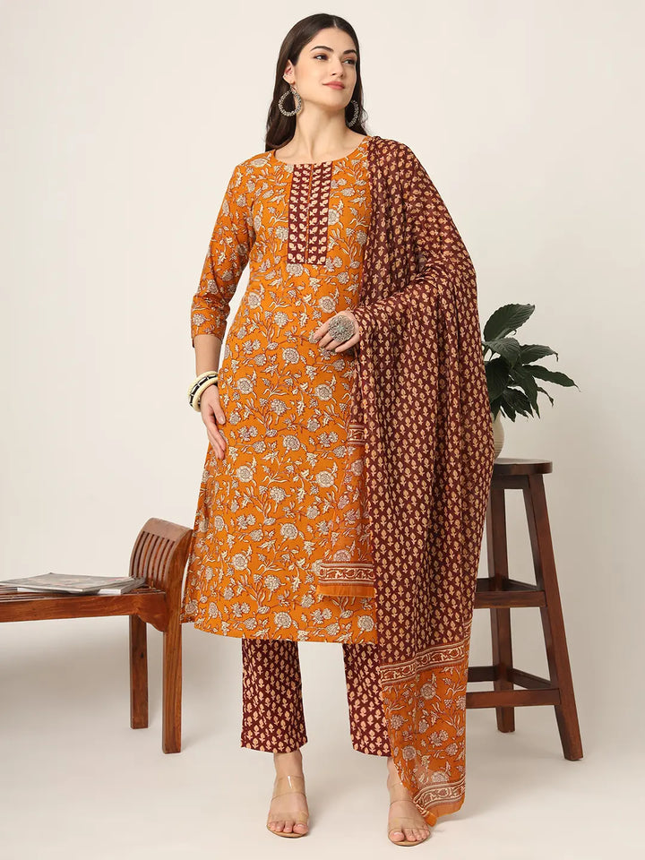 Piping On Yoke Floral Print Mustard Cotton Kurta Set With Dupatta Set